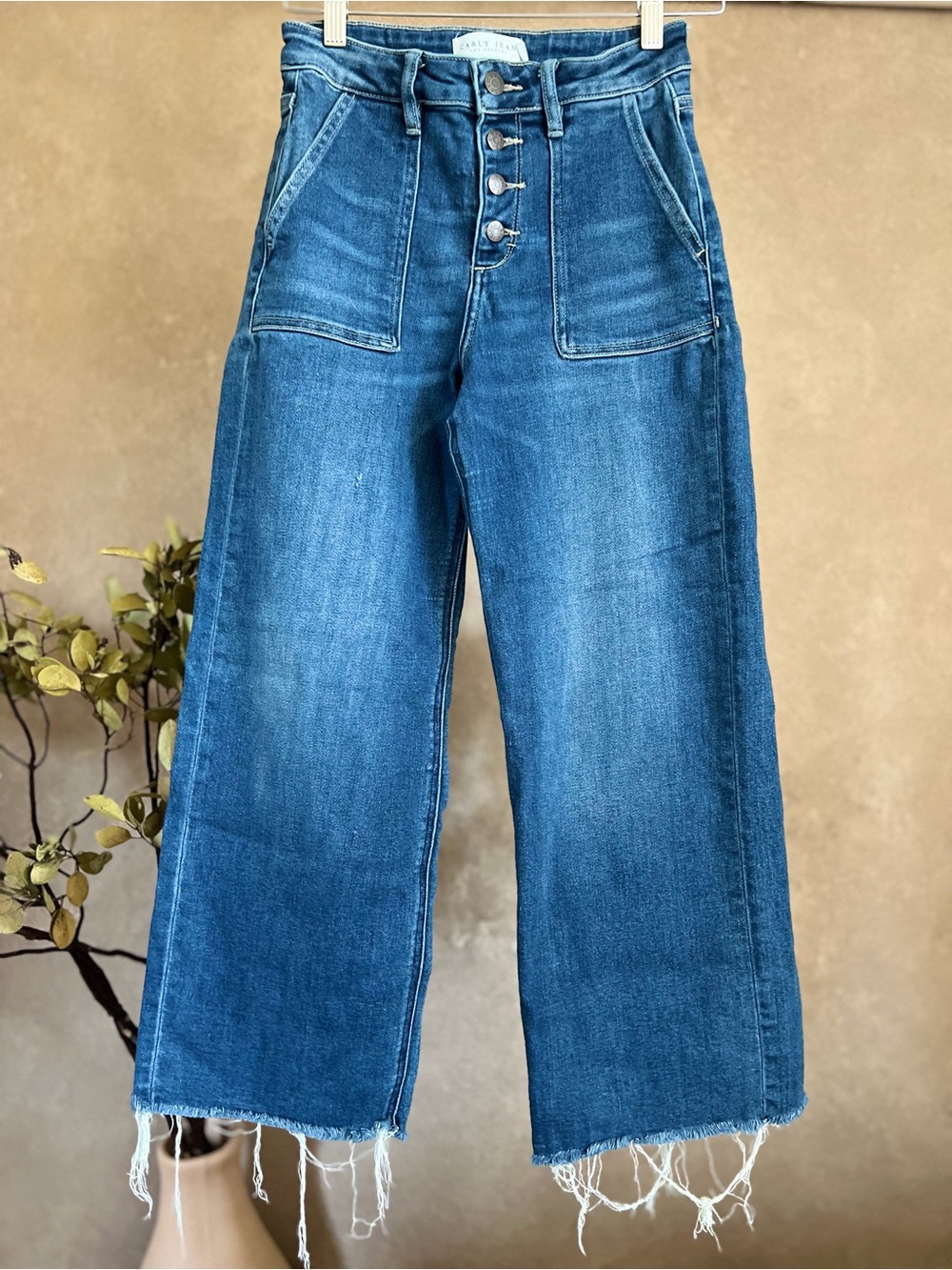 Carly Jean Los Angeles High Rise Button Fly Wide Leg Denim Jeans - Classic Blue